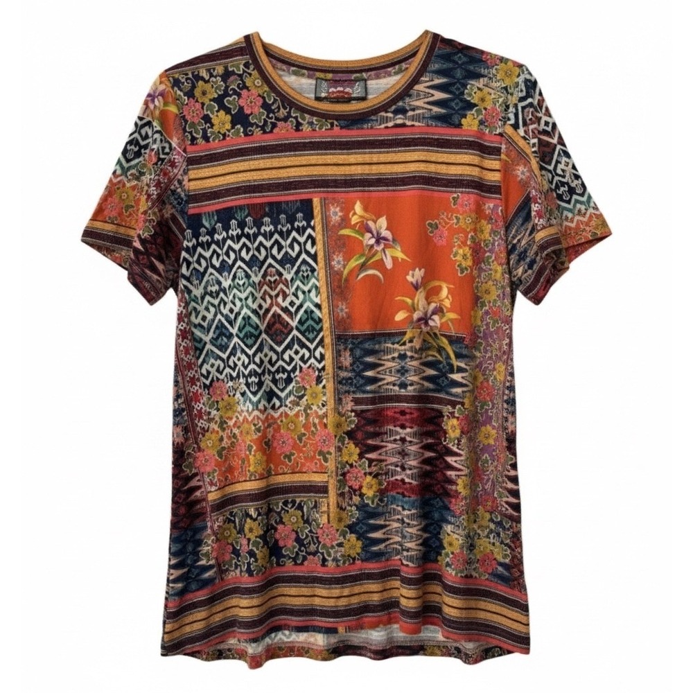 Johnny Was Los Angeles Patchwork Floral Tribal Print T-Shirt XL Multicolor Boho - Picture 2 of 5